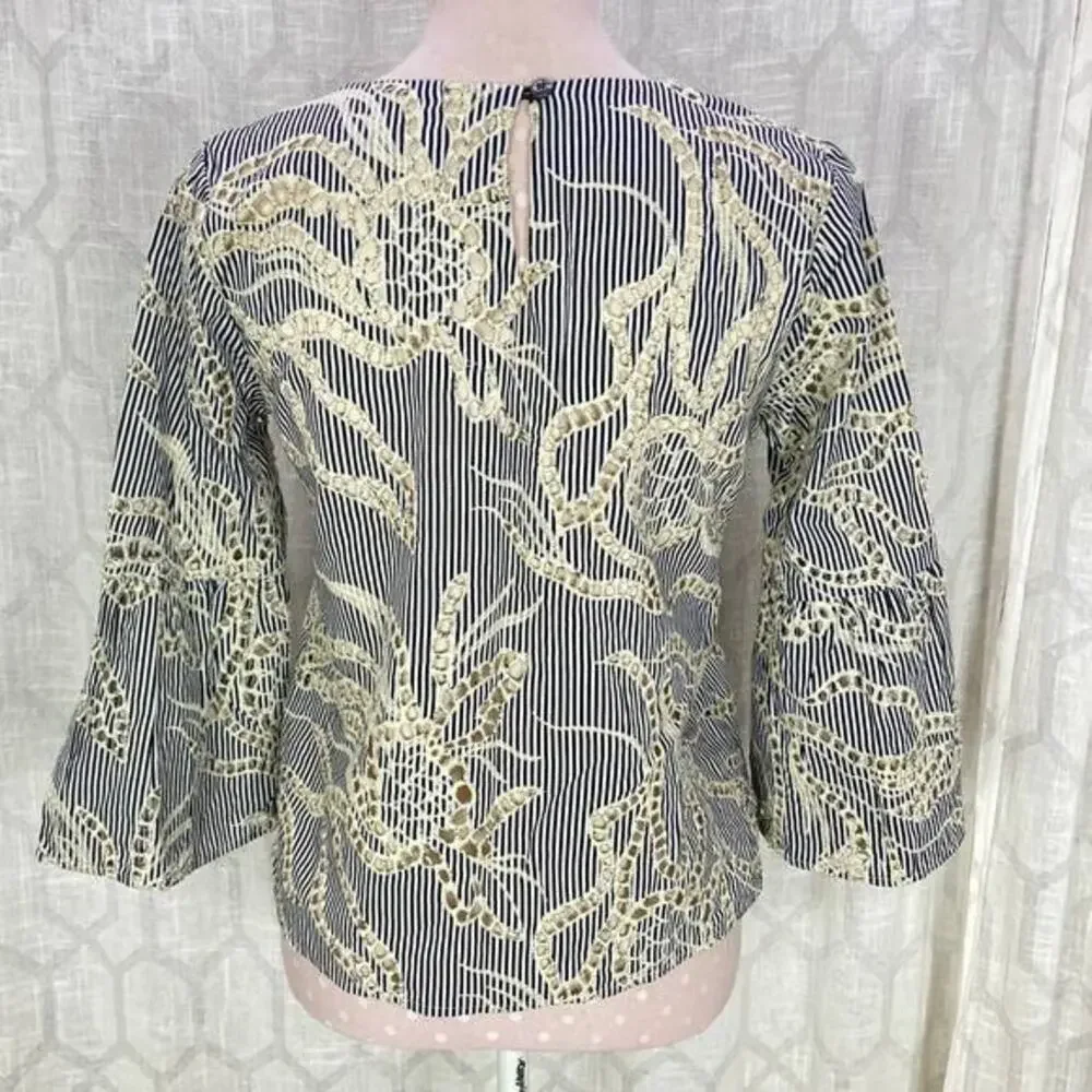 Anthropologie Matison Stone Eyelet Lace Top Size XS Blue Stripe Bell Sleeve‎